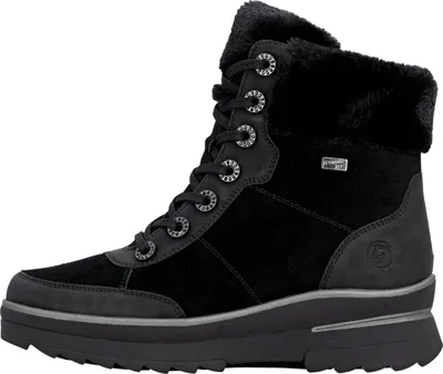 A black winter boot is shown against a white background.