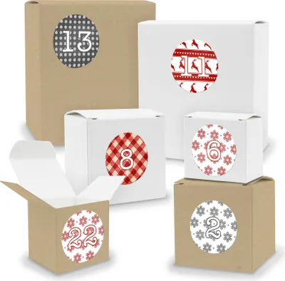 Produktbild von Adventskalender zum Füllen 24x Quader Würfel gemischt WEISS / BRAUN + Sticker (V03 Z07)