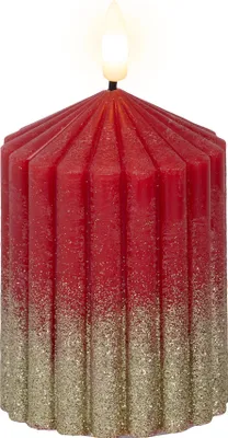Produktbild von LED Kerze mit Timerfunktion 7x10cm Wachs gerillt Rot / Warmweiß