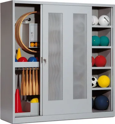 Produktbild von C+P Sportgeräteschrank mit Lochblech-Schiebetüren (Typ 5), HxBxT 195x190x60 cm, Lichtgrau (RAL 7035), Lichtgrau (RAL 7035), Gleichschließung