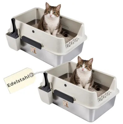Produktbild von 2er Set Edelstahl Katzenklo XXL Katzentoilette Edelstahl Katzenklo Groß Metall Wanne hoher Rand Katzen WC Geruchsarm Katzentoiletten mit Schaufel Katzen Zubehör