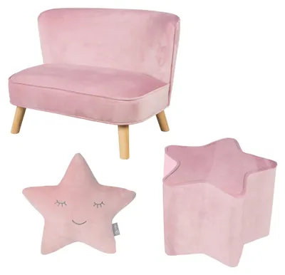 Produktbild von roba Bundle 'Lil Sofa' enthält Kindersofa, Kinderhocker in Sternenform, Dekokissen Stern rosa/mauve
