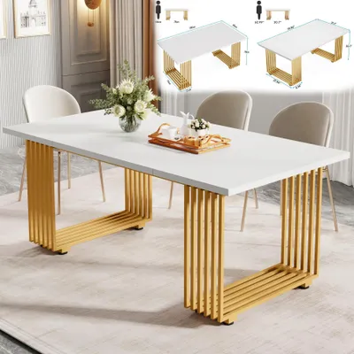 Obrázok produktu pre Obdĺžnikový jedálenský stôl – kuchynský stôl 160 × 80 cm – pre až 8 osôb – doska z umelého mramoru – kovová konštrukcia – moderný dizajn – biela so zlatými akcentmi 05