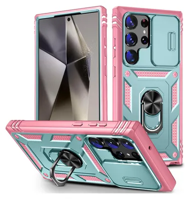 Immagine prodotto di Custodia per Samsung Galaxy S24 Protezione fotocamera ultra scorrevole, resistente agli urti, con supporto ad anello, supporto e porta carte di credito Rosa Verde