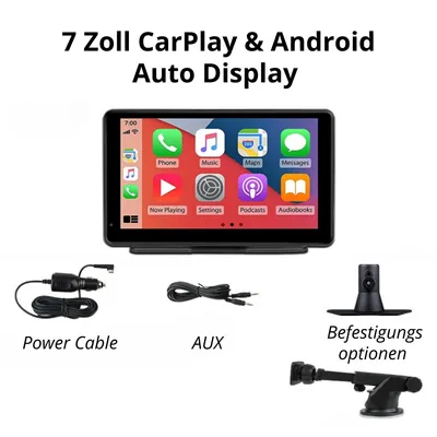 Produktbild von 7 Zoll CarPlay & Android Auto Display – Kabelloser Smart Screen Multimedia Player mit Touchscreen, 360° Halterung, Sprachsteuerung & AUX – Plug & Play