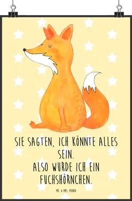 Produktbild von Mr. & Mrs. Panda Bild Einhorn Fuchs DIN A2 - Gelb Pastell - Geschenk, Unicorn, wanddeko, Einhörner, Posterdruck, Fuchshörnchen, Füchse, Wandbild, drucke, Unicorns