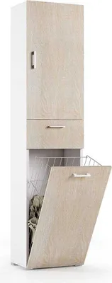 A tall, narrow cabinet with a wood-grain finish and white sides, featuring a single door at the top, a drawer below it, and a pull-down door at the bottom revealing a wire laundry basket.