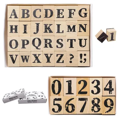 Productafbeelding van Vintage Houten Stempelset met Letters en Cijfers (38 stuks)
