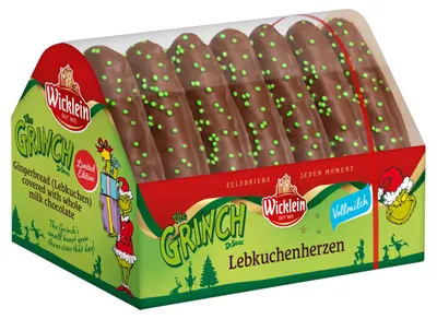 Produktbild von Wicklein The Grinch Lebkuchenherzen Vollmilch-Schokolade 215g