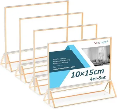 Produktbild von Unyqoos® Acryl‑Tischkartenhalter mit Goldkante – 10×15 cm (quer/hoch), 4er‑Set, kristallklares Acryl, doppelseitig einlegbar für Menüs, Tischnummern, Hochzeit