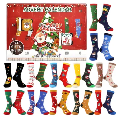 Productafbeelding van Adventsokken - 12 paar - 24 dagen aftellen - grappige kerstsokken - sokken cadeauverpakking - adventskalender - uitvoering A
