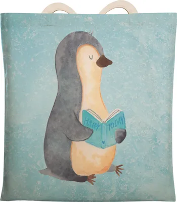 Produktbild von Mr. & Mrs. Panda Tote Bag Pinguin Buch - Eisblau - Geschenk, Tasche, Nichtstun, Stoffbeutel, Ausruhen, Urlaub, Lesen, Tragetasche, Einkaufstasche, Beutel