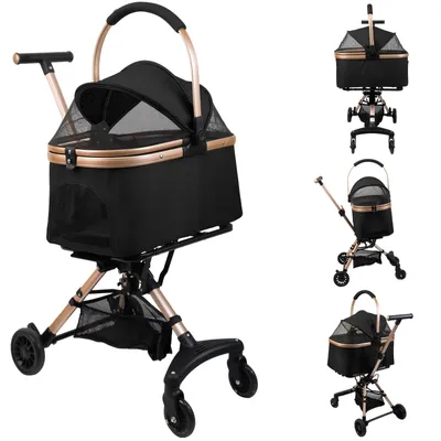 Image de Poussette pour chien 2 en 1 Cage pour chien Poussette pliable pour chat avec fenêtres en filet Panier de rangement Noir