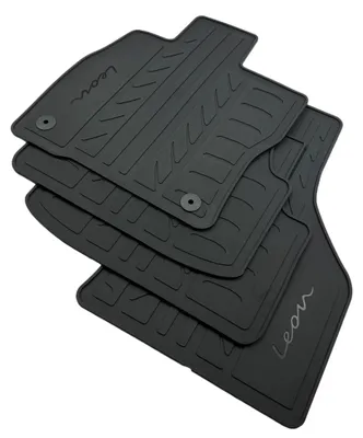 Zdjęcie produktu dla Mata podłogowa do samochodu Seat Leon, 4 sztuki, gumowa, czarna, z logo FR-Line