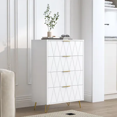 Produktbild von CDGlobal Nachttisch Kommode mit Schubladen für Boxspringbett, Wohnzimmerschrank Nachtschrank aus Stoff & Metallrahmen, Beistellschrank Schubladenschrank 4 Etagen