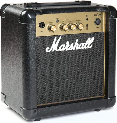 A Marshall MG10G guitar amplifier is shown from a three-quarter front view against a white background.