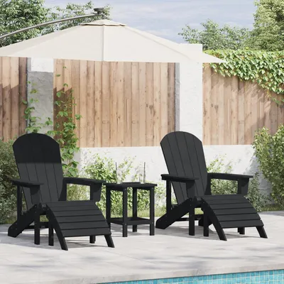 Produktbild von 2 schwarze Adirondack-Gartenstühle aus HDPE mit Fußstützen für Balkon und Terrasse