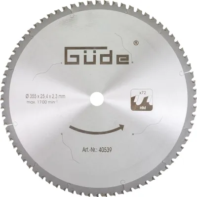 Produktbild von Güde Metallkreissägeblatt HM 355x25,4x72Z (Ø 35,5 cm, 2,54 cm Sägeblattbohrung, 72 Zähne, max. 1700 1/min, ohne Kühlung, geeignet für Nichteisenmetalle wie Stahl, Aluminium, Plastik Verbundstoffe)