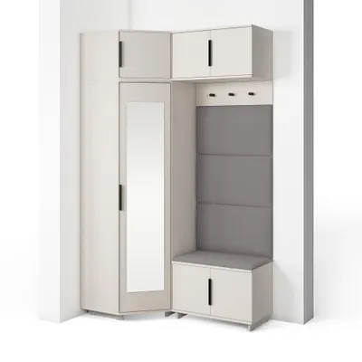 Produktbild von Garderoben-Set Napoli Version 19: Eckschrank mit Polsterpaneelen, Schuhschrank und Schrankaufsatz Flur und Eingangsbereich (Cashmere/Trinity 15)