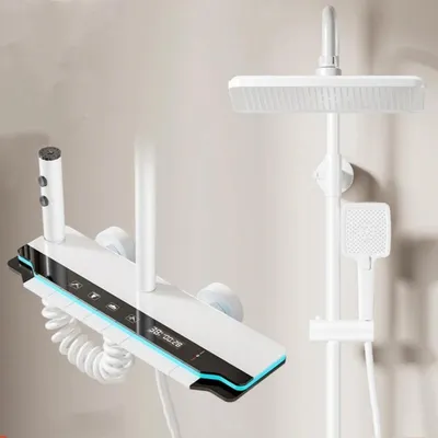 Obrázok produktu pre Sada sprchových hlavíc do kúpeľne – sprchová batéria s hlavicou – digitálny displej teploty – LED dažďová sprcha – nastaviteľná štvorcová sprchová hlavica – miešacia batéria s možnosťou nastavenia teplej a studenej vody – biela