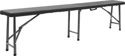 A long, black, folding bench on a white background.