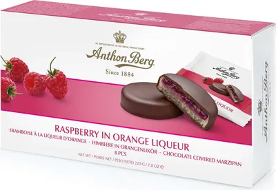 Obrázok produktu pre Anthon Berg Maliny v pomarančovom likéri Marcipánové paštéty 220g