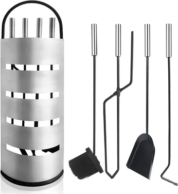 Productafbeelding van Moderne 5-delige Haardset van RVS met Standaard en Accessoires voor Open Haard