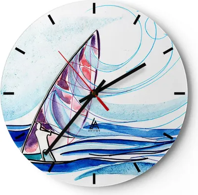 Produktbild von Wanduhr - Rund - Glasuhr - Windsurfen Grafik Illustration Sommer - 40x40cm - Schleichendes Uhrwerk - Lautlos - zum Aufhängen bereit - Dekoration Modern - Wanddekoration aus Glas - C3AR40x40-3064