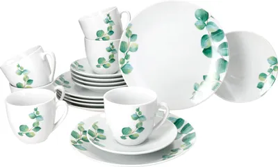Produktbild von 18tlg Kaffeeservice Eukalyptus Porzellan 6 Personen Tassen Untertassen Teller