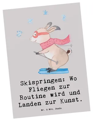 Produktbild von Mr. & Mrs. Panda Postkarte Skispringen Kunstflug - Grau Pastell - Geschenk, Grußkarte, Ansichtskarte, Postkarten, Flug, Sportler, Sprünge, Geschenke, bildkarte, Landung