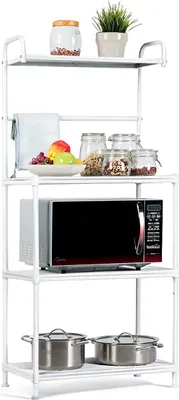 A white metal kitchen shelf unit with items on each shelf.