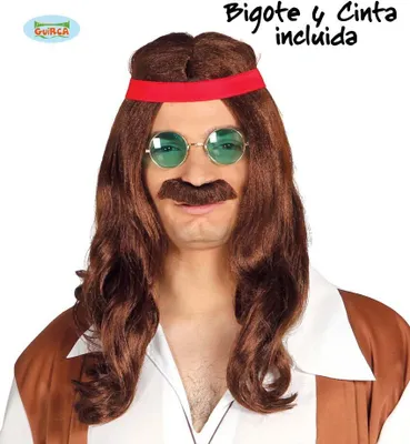 Produktbild von Hippie Festival Langhaar Perücke Bart Stirnband Karneval Party Kostüm 60s Vintage Kult Look Flower Power Peace Love Boho Retro Disco Edgy Gimmick Event, Farbe: Braun