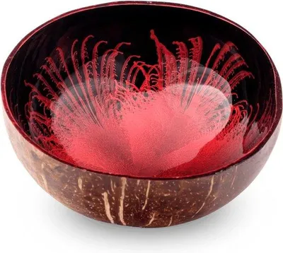 Produktbild von Unyqoos® Kokosschale, handgefertigt – Dekoschale aus Kokosnuss Ø13 cm, H7 cm, 500 ml, mit handgeknotetem Kokosfaser‑Untersetzer, Splash‑Rot, Snack‑/Schmuck‑Servierschale