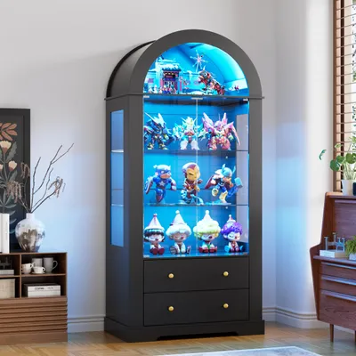 Produktbild von Glasvitrine mit LED Beleuchtung, Bogen Vitrine mit Glastür und Schubladen, Standvitrine mit 4 Ablagen für Wohnzimmer, Arbeitszimmer und Schlafzimmer,