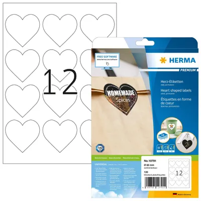 Produktbild von HERMA 10791, Weiß, Herz, Permanent, 60 mm, Universal, Papier