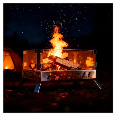 Produktbild von Feuerschale mit Glaskeramik, klappbar und tragbar, für Garten, Outdoor und Camping, Feuerkorb mit Grillrost aus Edelstahl