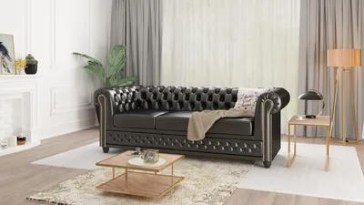 Produktbild von S-STYLE MÖBEL - Chesterfield Sofa 3 sitzer aus  Schwarz veganem Leder mit Holzfüßen - Area - B/T/H: 203 cm/86 cm/72 cm
