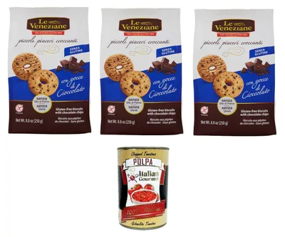 Produktbild von Le Veneziane Frollini con gocce di cioccolato senza glutine Mürbeteigkekse mit glutenfreien Schokoladenstückchen 3x 250gr+ Italian Gourmet Polpa di Pomodoro 400g