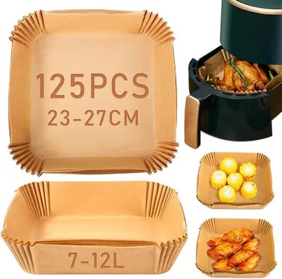 Obrázek produktu pro Pečicí papír do horkovzdušné fritézy, 23–27 cm, 125 kusů, pečicí papír do horkovzdušné fritézy, antistatický, jednorázový, čtvercový, odolný proti oleji, voděodolný, vhodný do horkovzdušné fritézy, mikrovlnné trouby a sušičky, přírodní barva, 23 cm