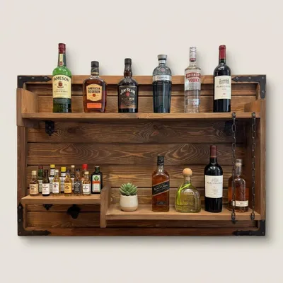 Produktbild von Weeco – Wandbar aus Holz – handgefertigte Wandbar mit Flaschenregal und Flaschenöffner – Regal für Wein und Spirituosen – 112 × 72 × 15 cm