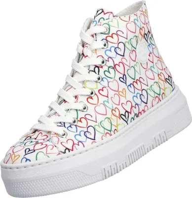 A single high-top sneaker with a colorful heart pattern.