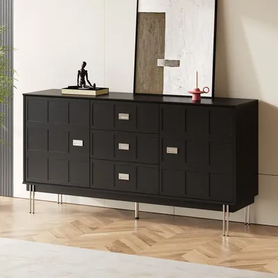 Produktbild von Sideboard mit 2 Türen und 3 Schubladen, Küchenschrank mit Metallgriffen, für Wohnzimmer, Küche, Esszimmer, Schwarz, MDF+Metall, 160 x 40 x 83 cm