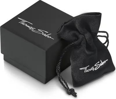 A black gift box and a black drawstring pouch with the Thomas Sabo logo.