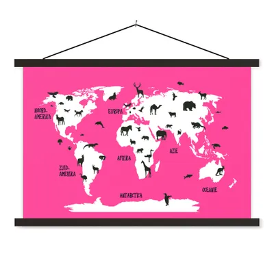 Produktbild von MuchoWow® Textilposter Weltkarte Kinder - Tiere - Rosa 60x40 cm mit schwarzem Rahmen - Hölzernes