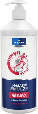 A white pump bottle of ALPA massage emulsion with a blue and red label.