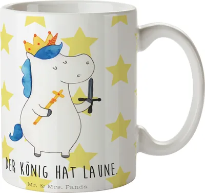 Produktbild von Mr. & Mrs. Panda Keramiktasse Einhorn König mit Schwert - Weiß - Geschenk, Teetasse, Ritter, Kaffeetasse, Bedruckte Tasse, Mittelalter, Einhörner, Unicorn, Kaffeebecher