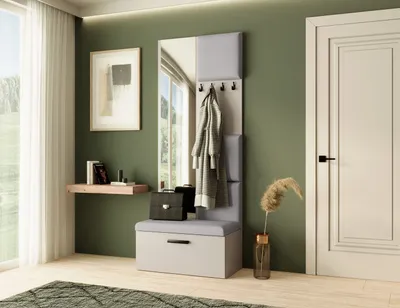 Produktbild von Garderobe MARGARET III, Farbe: Kaschmir + Grau, mit gepolsterten Paneelen, Spiegel und Kleiderhaken
