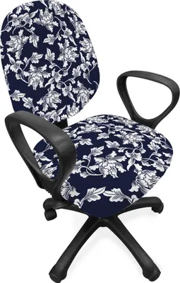 Produktbild von ABAKUHAUS Navy blau Bürostuhl Schonbezug, Floral Design-Botanic, dekorative Schutzhülle aus Stretchgewebe, Dunkelblau Weiß
