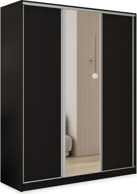 Produktbild von Masseno Schiebetürenschrank TARI 160/205/58 cm Kleiderschrank mit 4 Schubladen Schlafzimmer Schrank 3-türig mit Spiegel Schwarz
