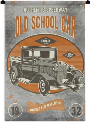 Produktbild von MuchoWow® Wandteppich Wandbehang Mancave - Auto - Retro - Zeichnung 90x135 cm Tapisserie Dekoration Wandtuch - Baumwolle - Wandskulptur